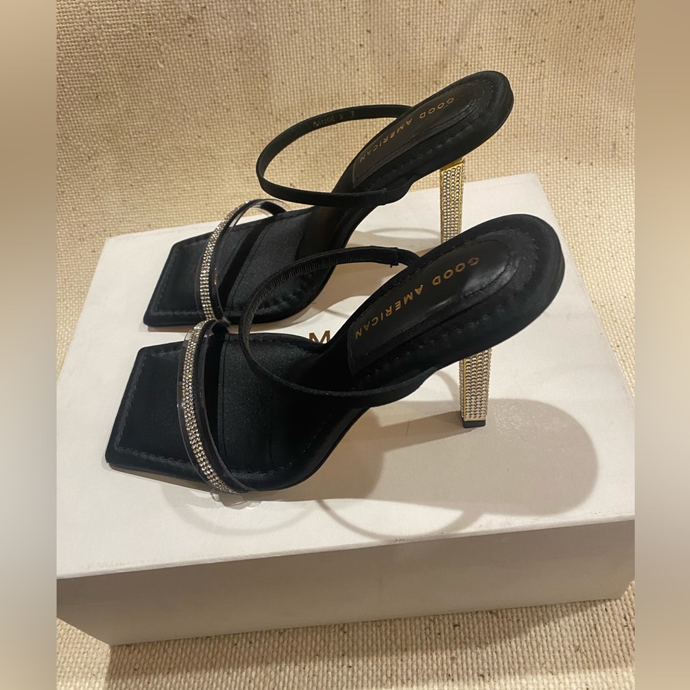 Good American Black Satin Strap Rhinestones Square Toe Heel